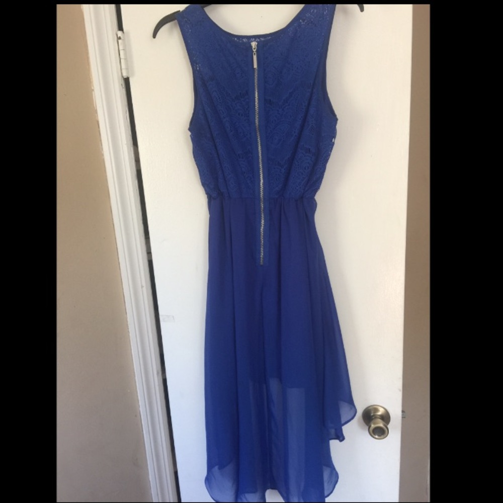 Long in back short in font blue dress